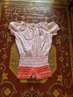 Vintage prairie core coral pink romper ruffle bottom bloomers